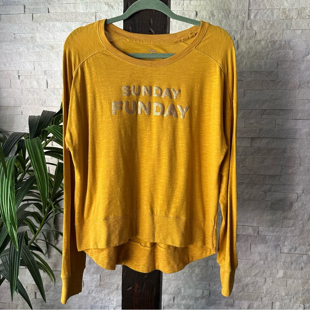 Secret Treasures “Sunday Funday” Glitter Text Mustard Yellow Cozy Top Size M